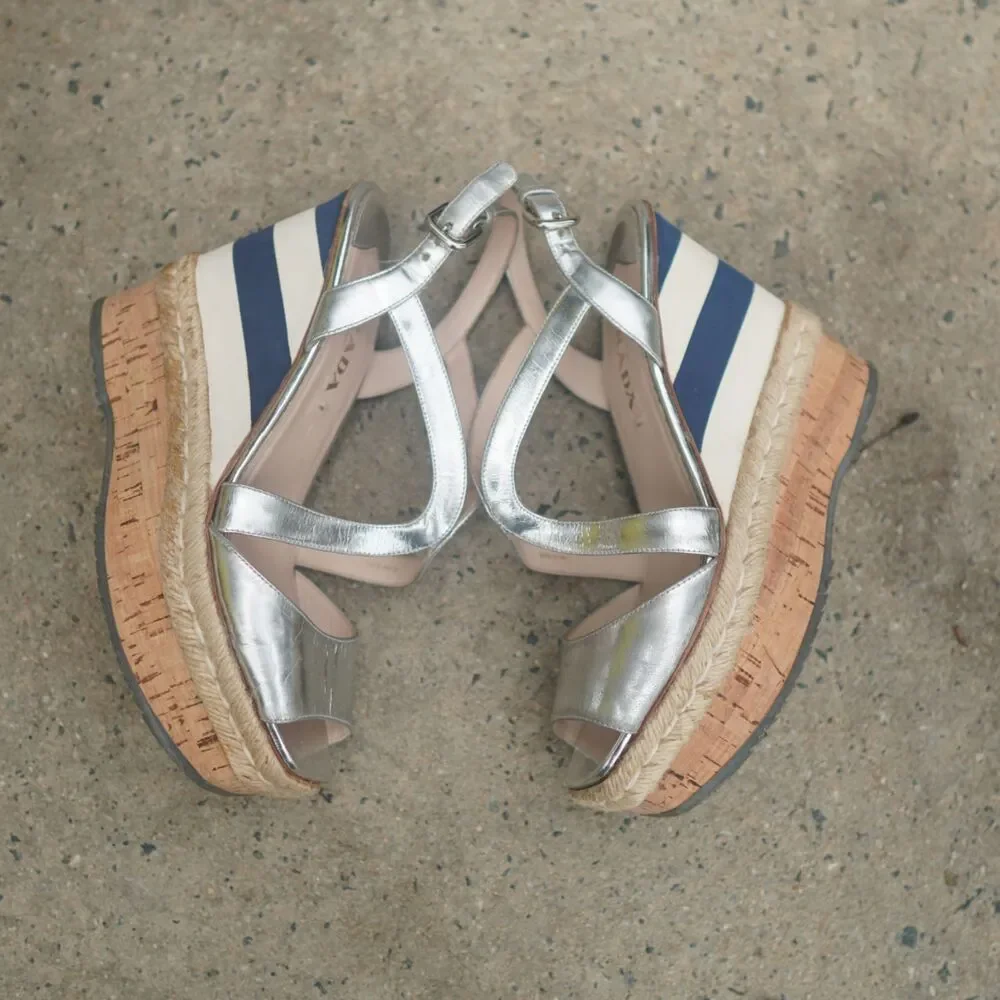 Prada Metallic Silver Leather Strappy Platform Wedge Sandals 40.5 US 10.5 Stripe